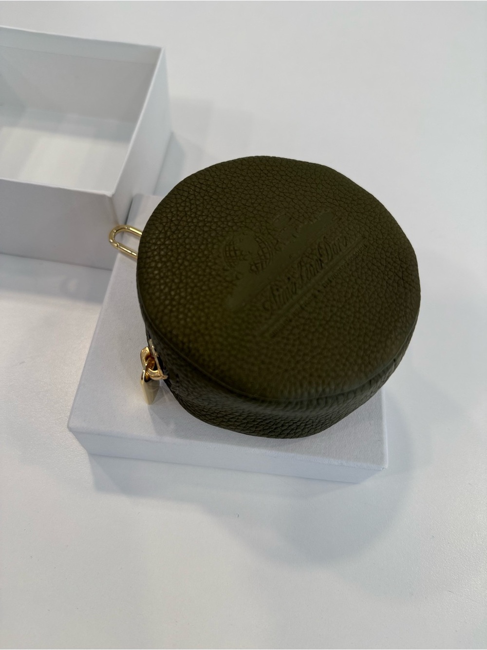 Aime Leon Dore Olive Green Round Leather Key & Card Holder with Gold Hardware